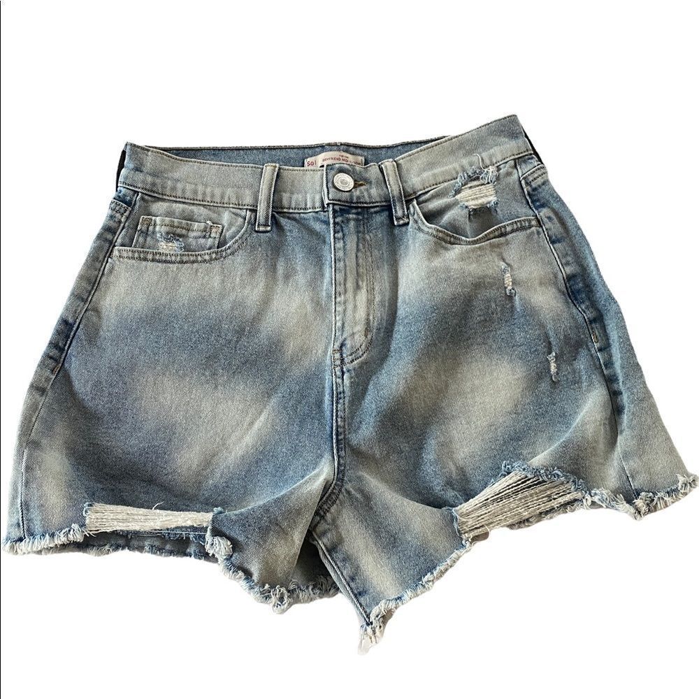 SO Denim Shorts Womens 11 30W Light Wash Boyfriend Midi High Rise Distressed Raw